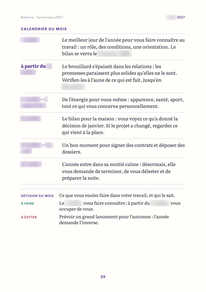 Page du livre : le mois : calendrier (dates floutées)
