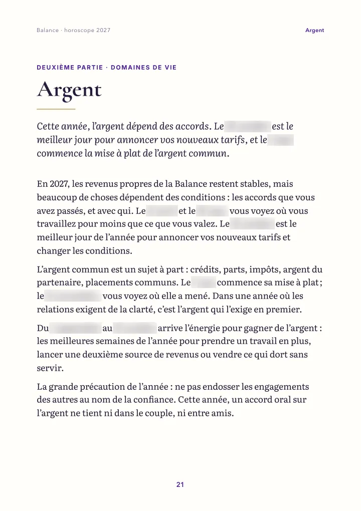 Page du livre : domaines de vie (dates floutées)