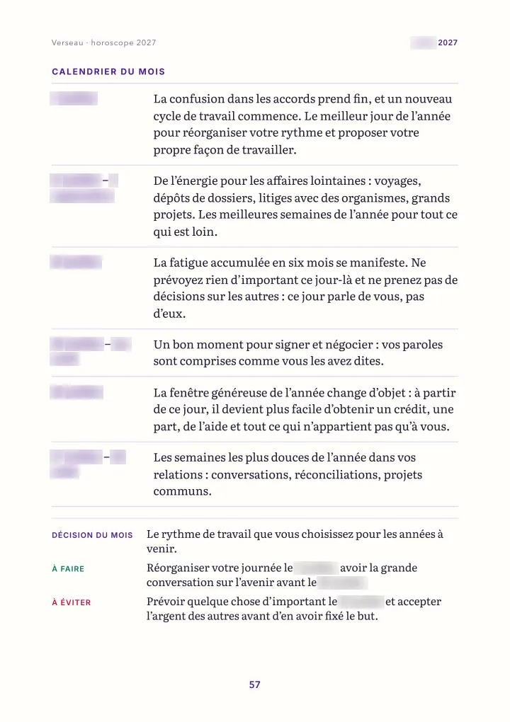 Page du livre : le mois : calendrier (dates floutées)