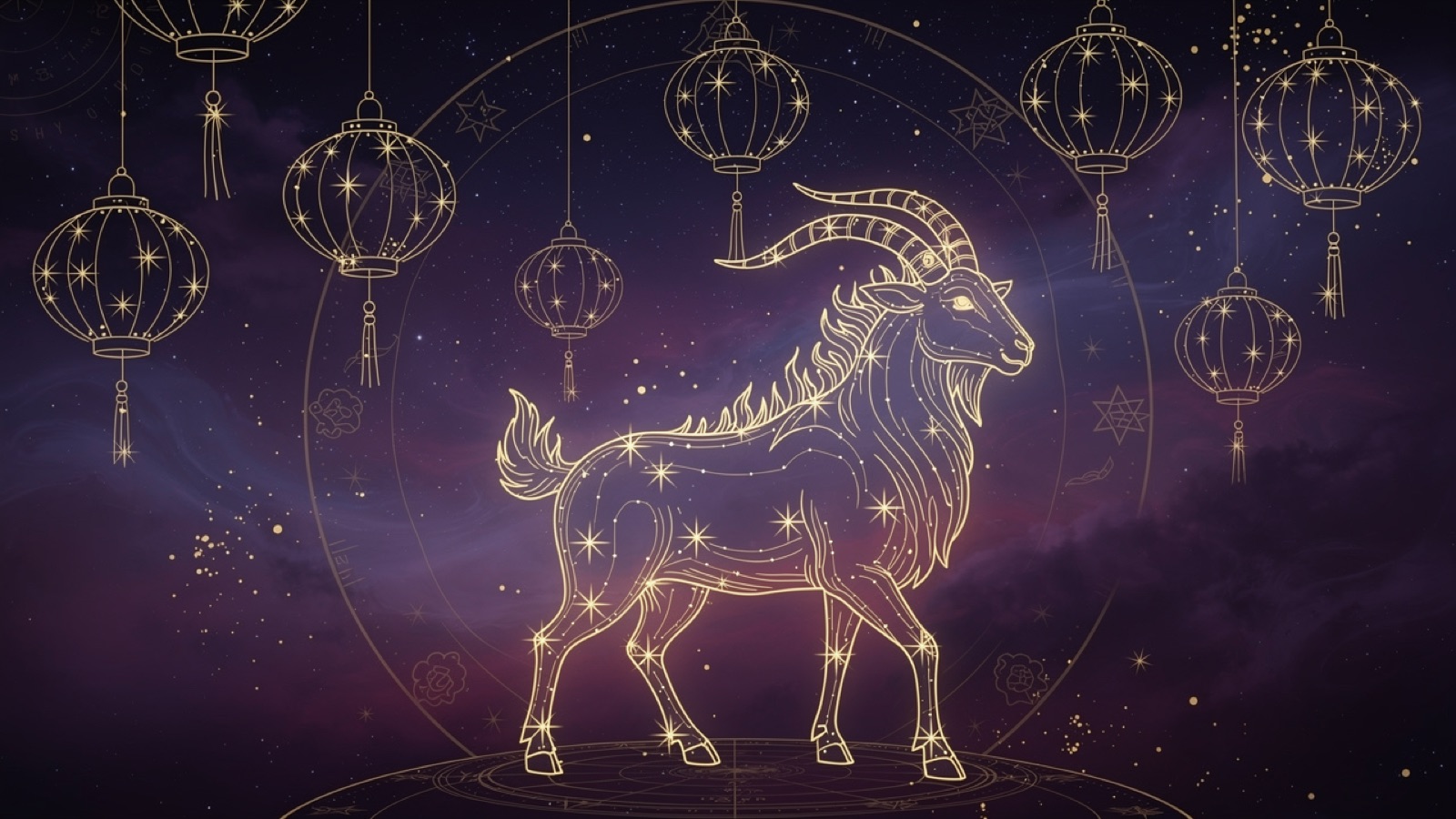 Chinese New Year lanterns and a fire goat under a festive night sky — the 2027 celebration