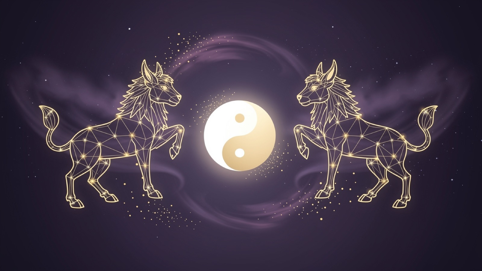 Deux animaux du zodiaque chinois face à face autour d'un yin-yang lumineux — la compatibilité des signes