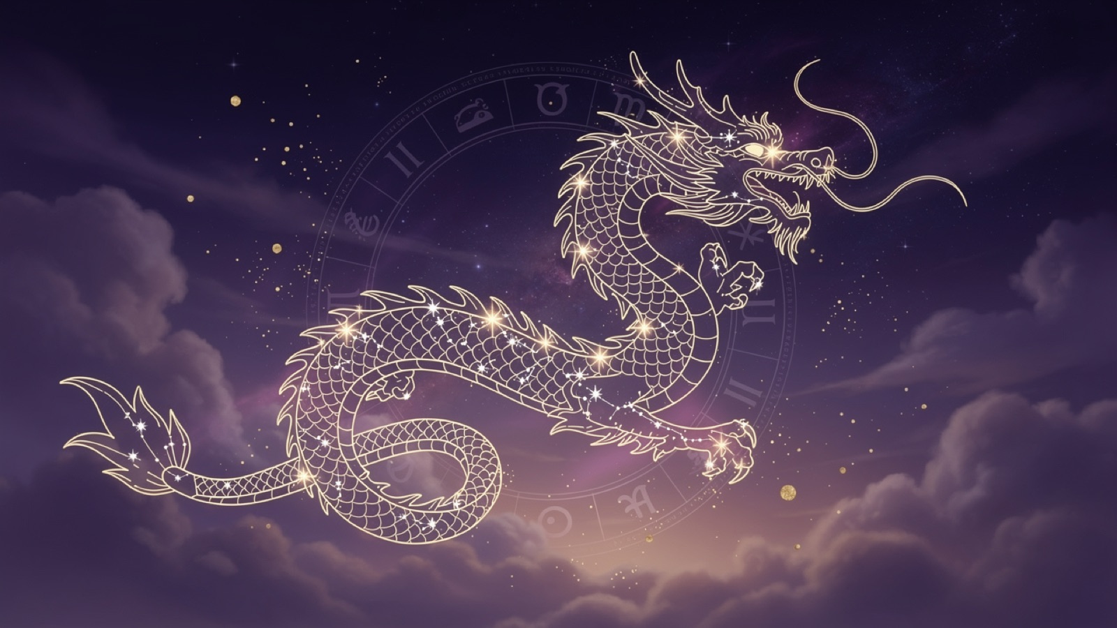 Dragon du zodiaque chinois en constellation dorée sur un ciel violet profond — l'illustration du signe
