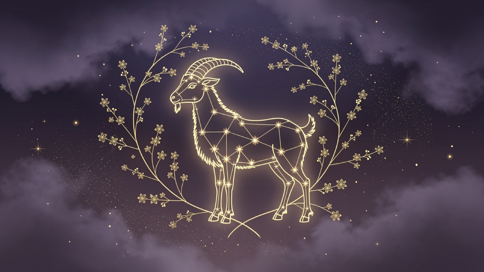 Chèvre du zodiaque chinois en constellation dorée sur un ciel violet profond — l'illustration du signe