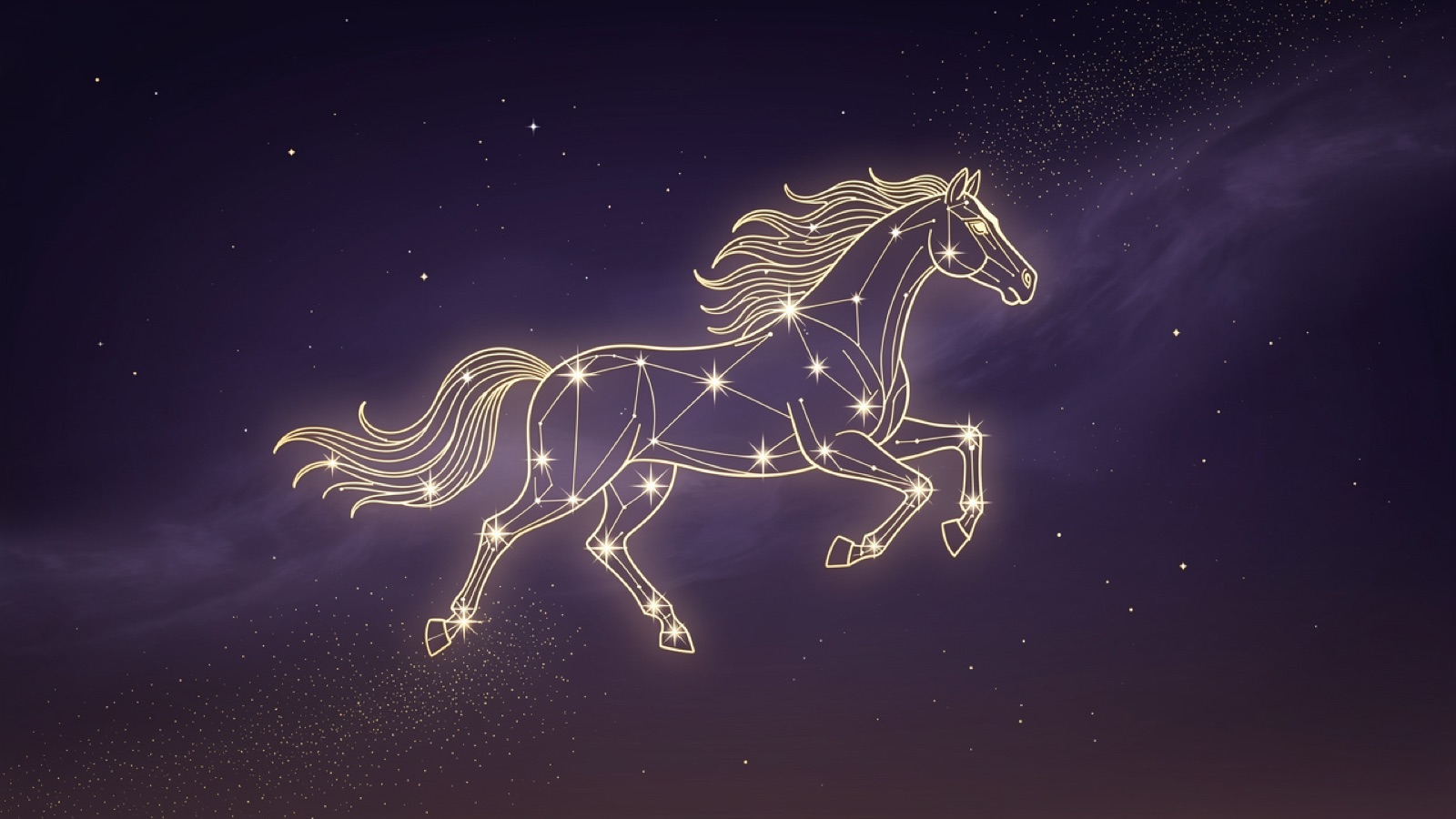 Cheval du zodiaque chinois en constellation dorée sur un ciel violet profond — l'illustration du signe