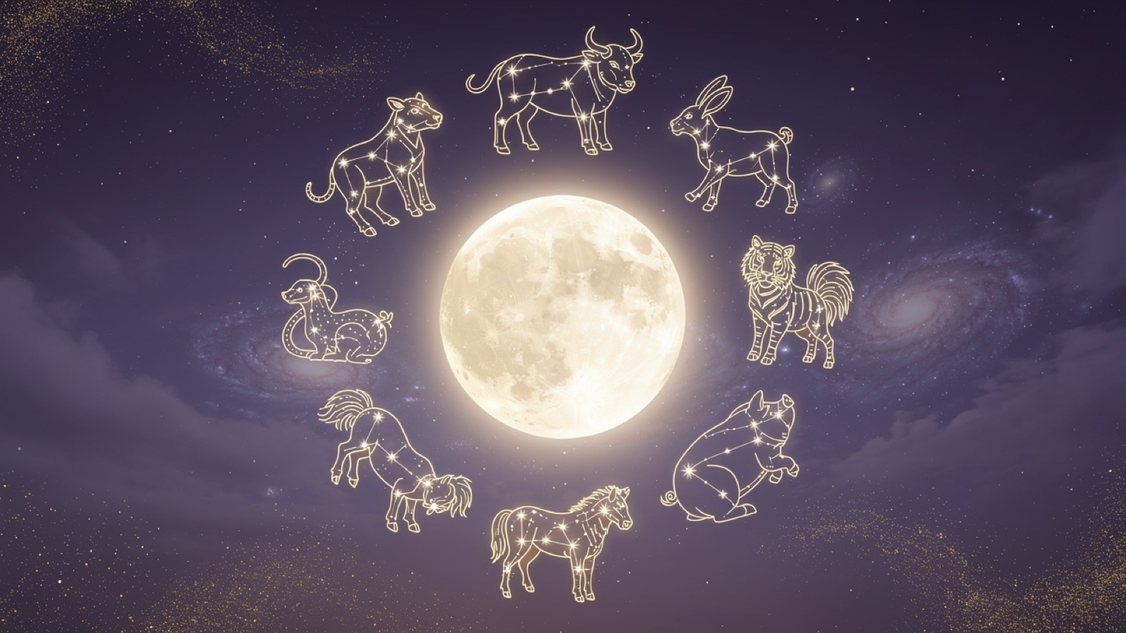 Les douze animaux du zodiaque chinois en cercle autour d'une lune brillante — la roue du calendrier oriental