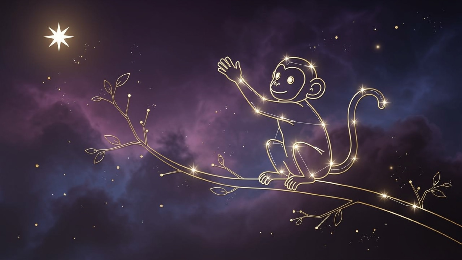 Singe du zodiaque chinois en constellation dorée sur un ciel violet profond — l'illustration du signe
