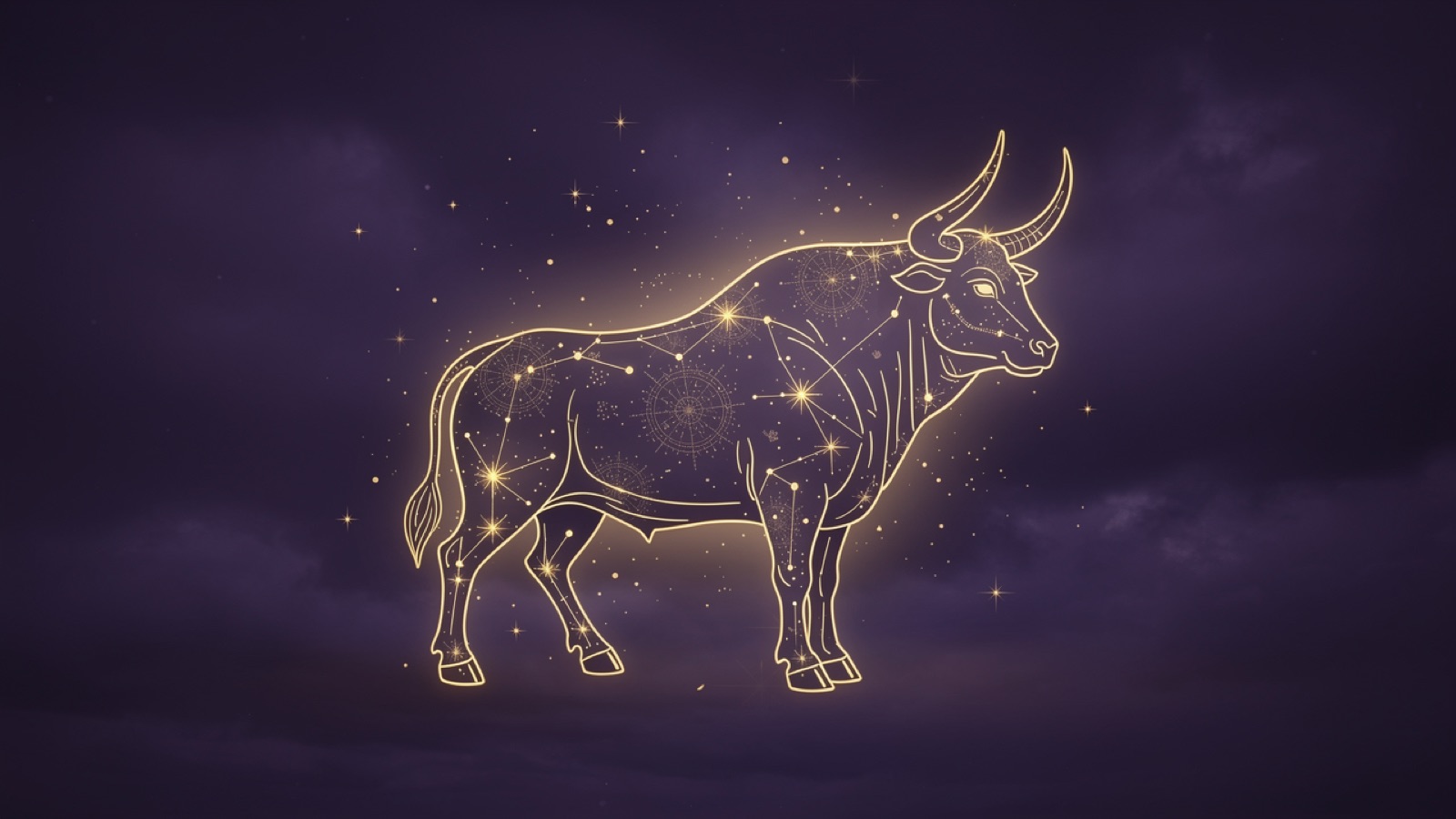 Buffle du zodiaque chinois en constellation dorée sur un ciel violet profond — l'illustration du signe