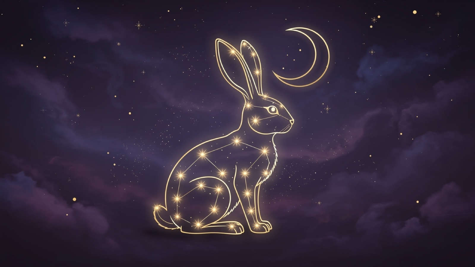 Lapin du zodiaque chinois en constellation dorée sur un ciel violet profond — l'illustration du signe