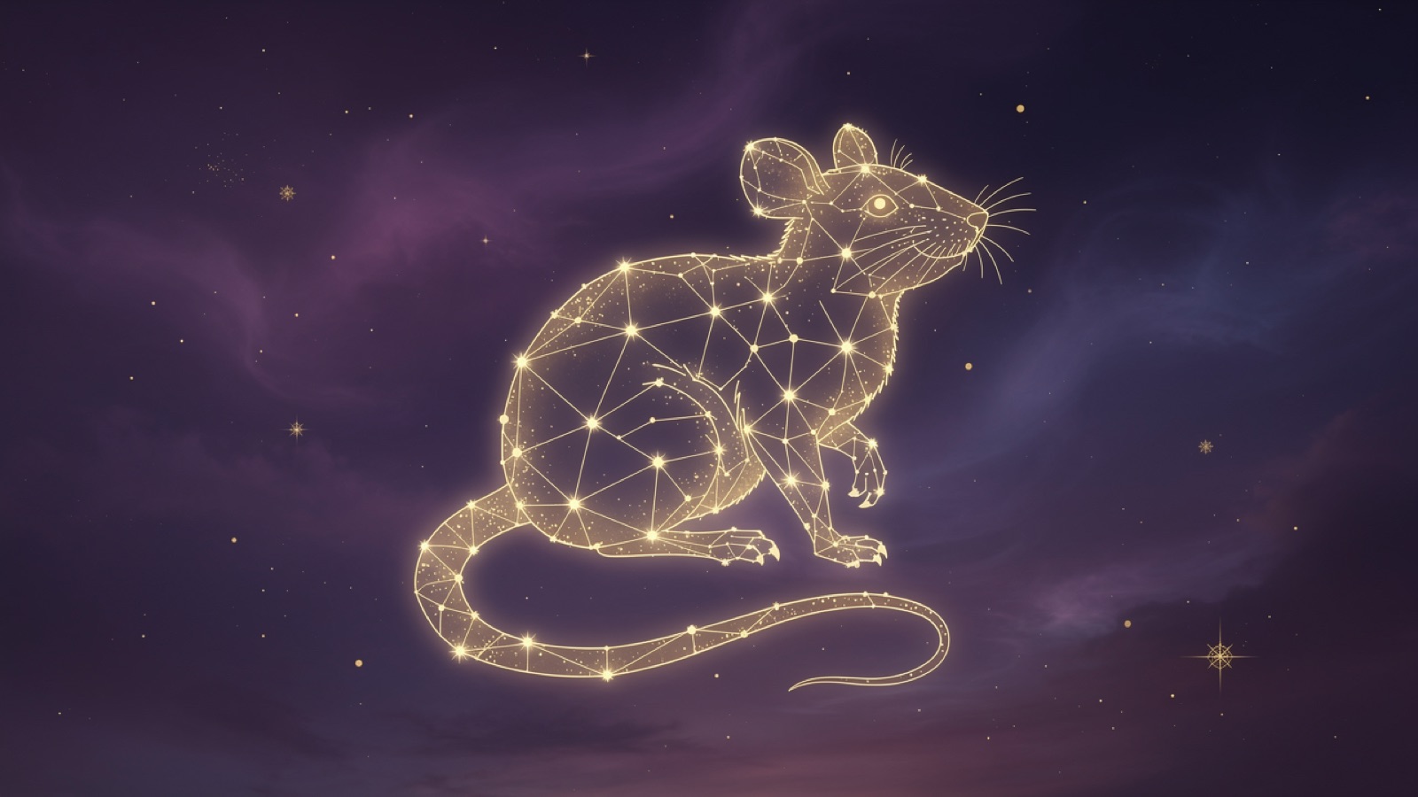 Rat du zodiaque chinois en constellation dorée sur un ciel violet profond — l'illustration du signe