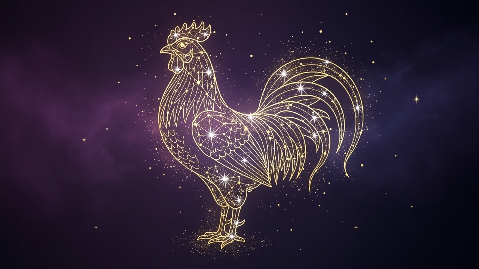 Coq du zodiaque chinois en constellation dorée sur un ciel violet profond — l'illustration du signe