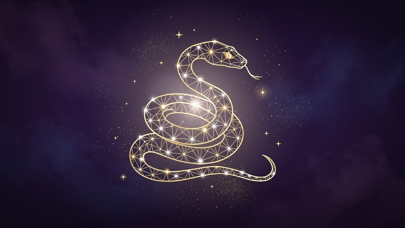 Serpent du zodiaque chinois en constellation dorée sur un ciel violet profond — l'illustration du signe