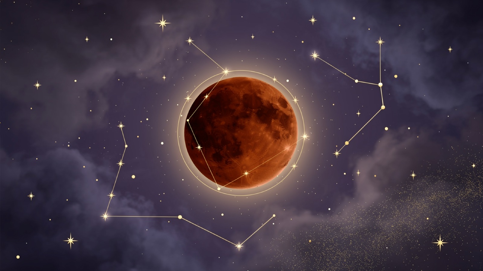 A blood moon: the totally eclipsed Moon glowing deep copper-red on a violet cosmic sky