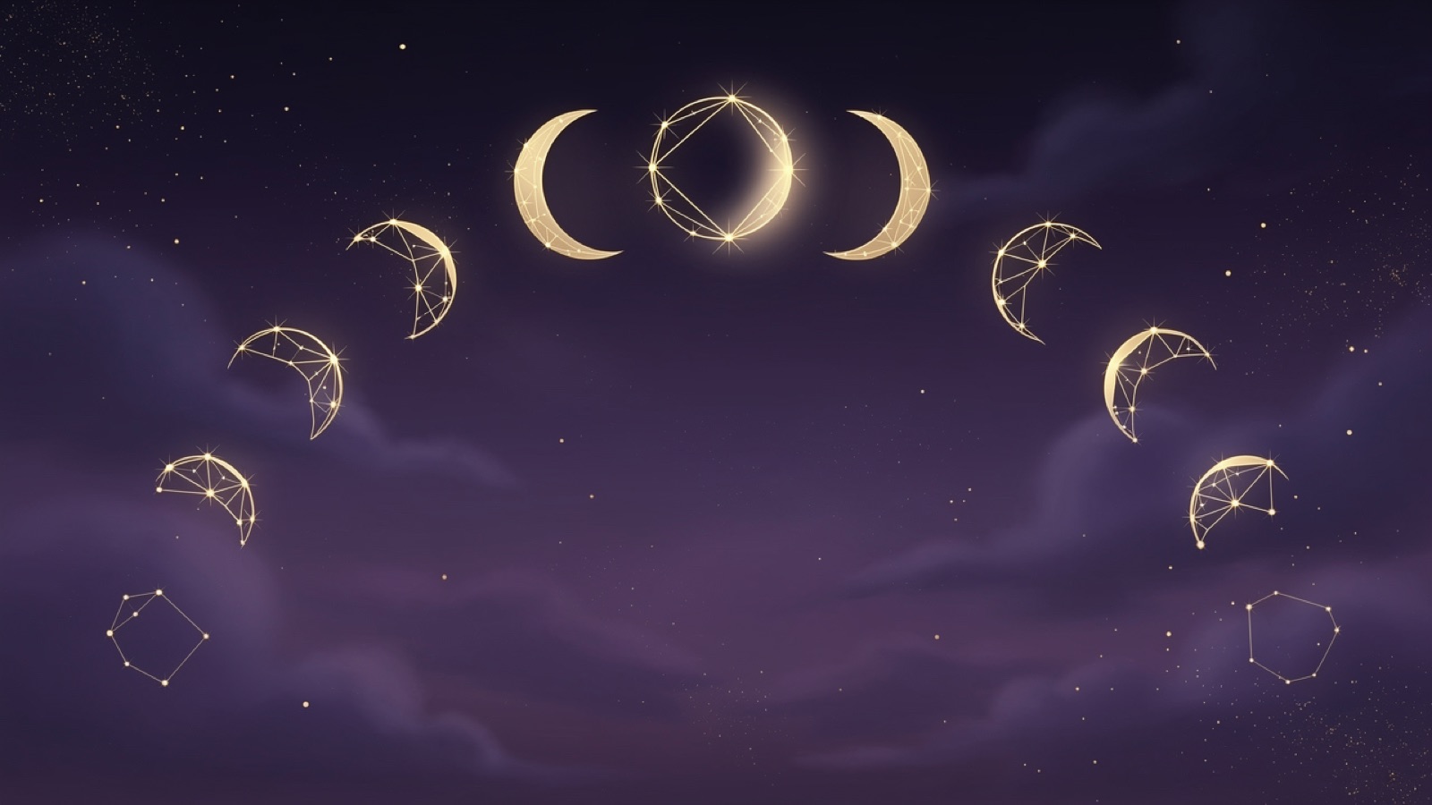 Una secuencia de fases de eclipses solares y lunares en arco sobre un cielo violeta — el calendario de temporadas de eclipses