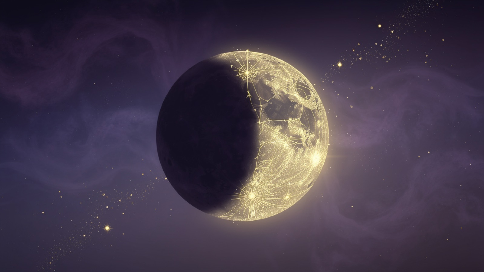 A lunar eclipse: Earth's curved shadow crossing the golden full moon among constellations