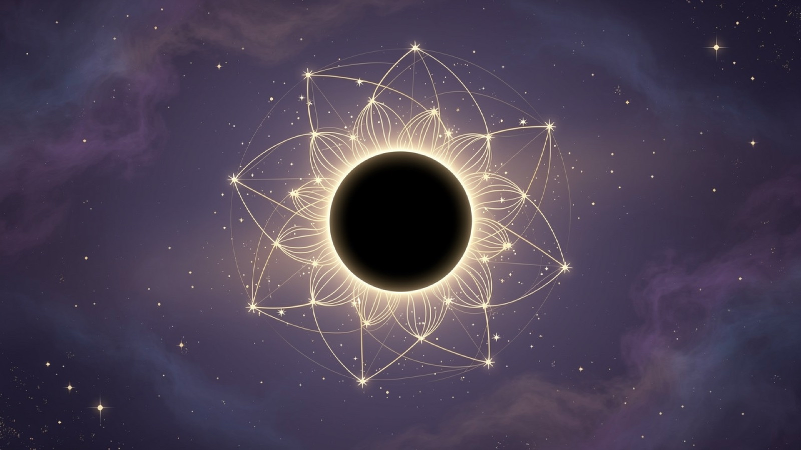 A total solar eclipse: radiant golden corona streaming around the black disc of the Moon