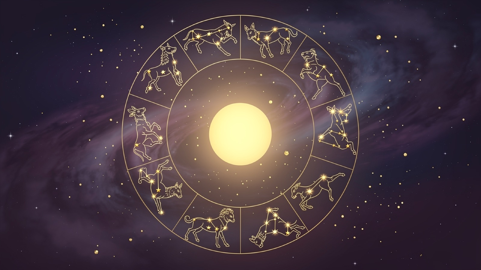 Une roue de douze constellations dorées du zodiaque autour d'un soleil rayonnant