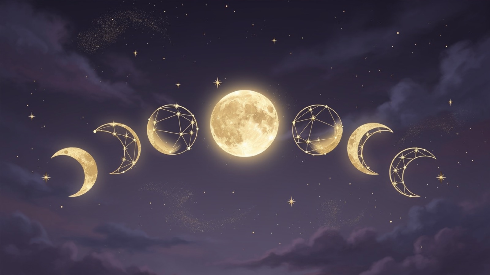 Calendrier lunaire — phases de la Lune en or sur ciel nocturne violet