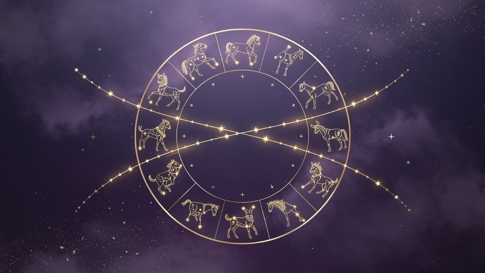 Zodiac compatibility — two golden constellations meeting across a violet sky
