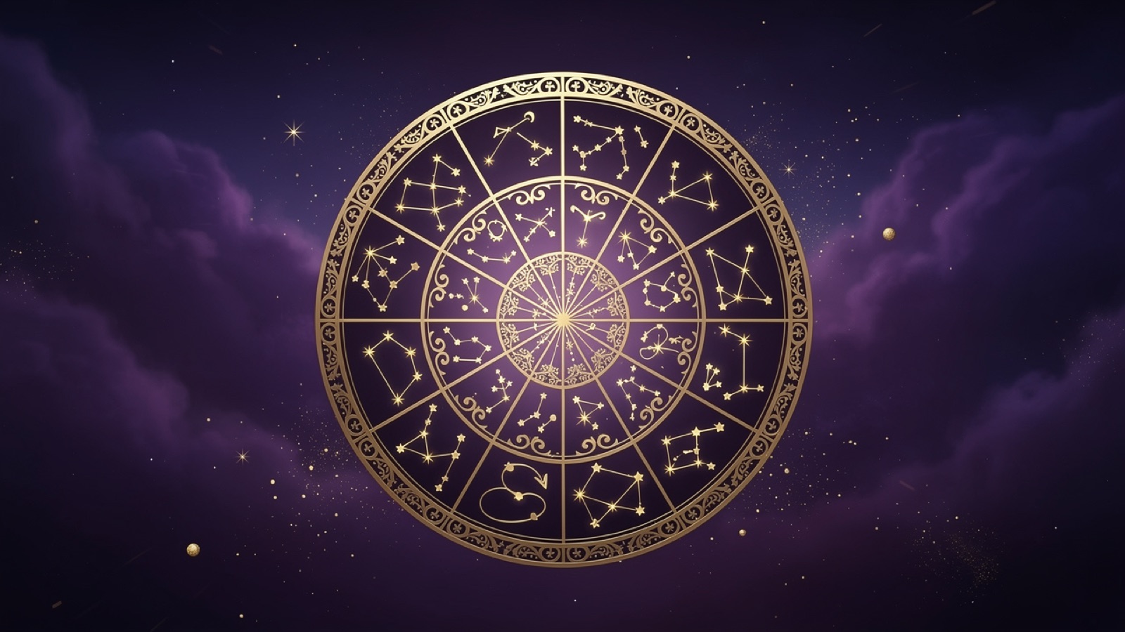 Roue zodiacale dorée en forme de calendrier à douze segments sur un ciel violet