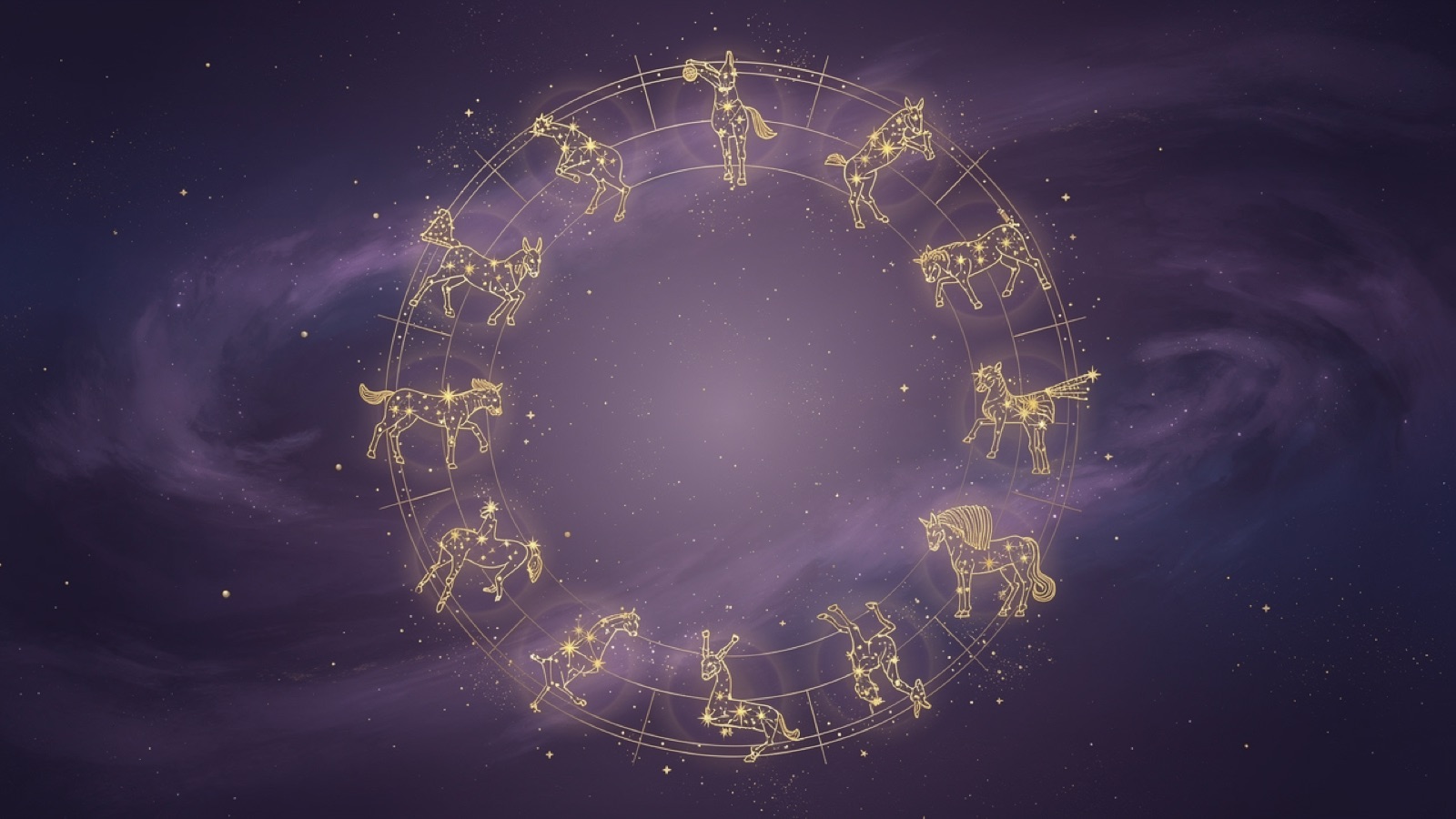 Los 12 signos del zodiaco — constelaciones doradas sobre un cielo violeta