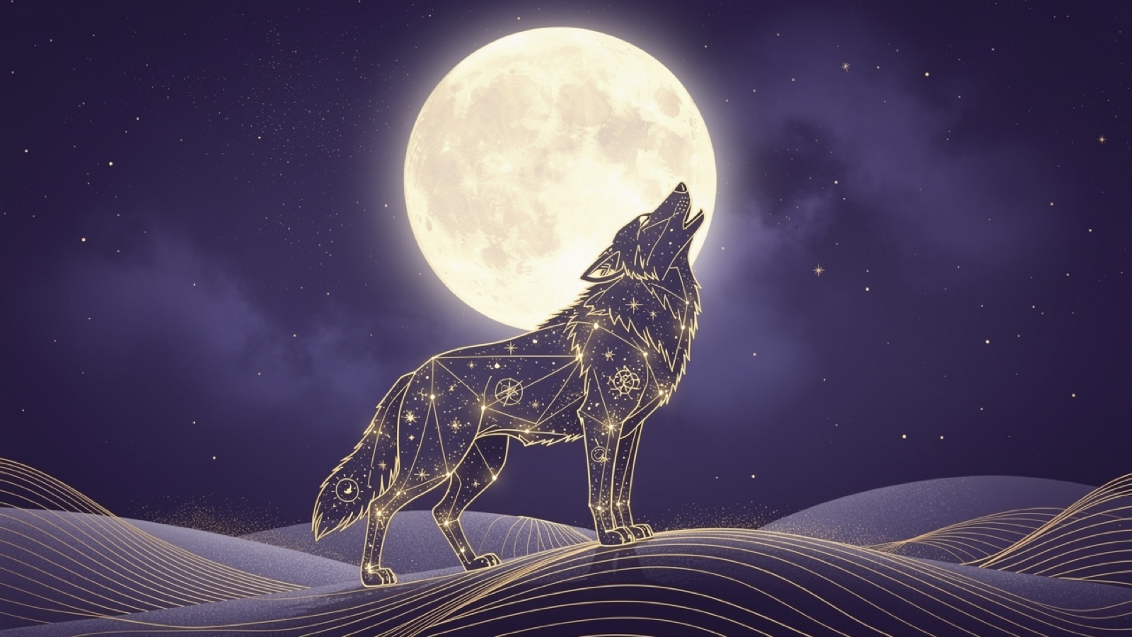 Un loup hurlant sous une immense pleine lune dorée sur des collines enneigées — la Lune du Loup de janvier