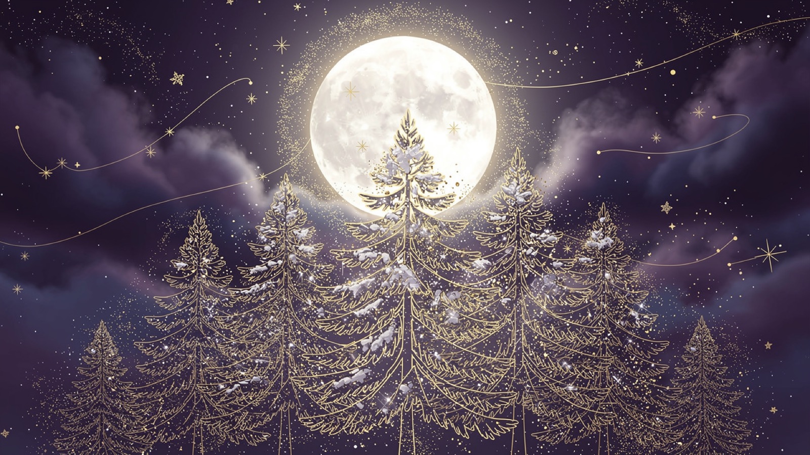 Des pins chargés de neige sous une pleine lune dorée — la Lune des Neiges de février