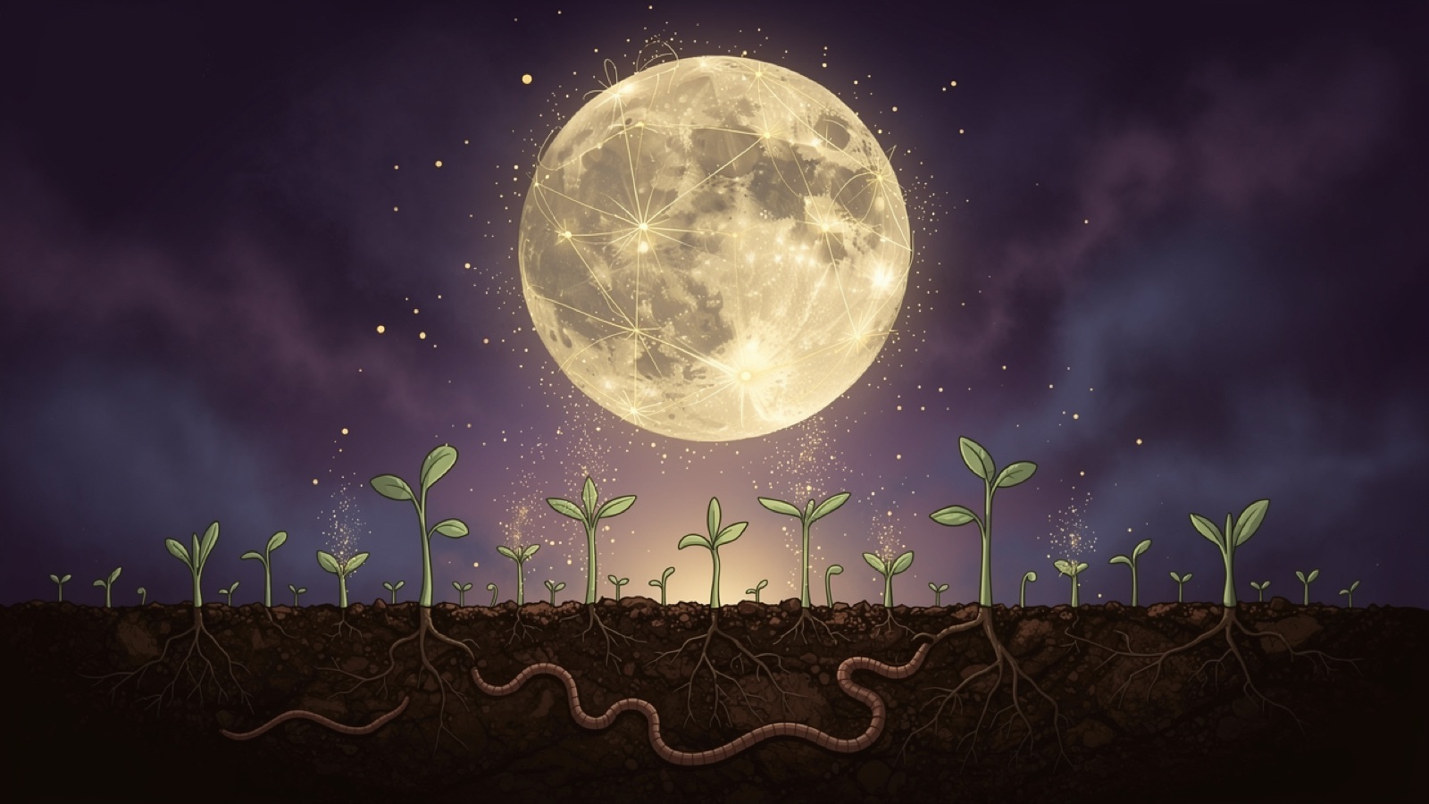 De jeunes pousses s'éveillant dans la terre sous la pleine lune — la Lune des Vers de mars