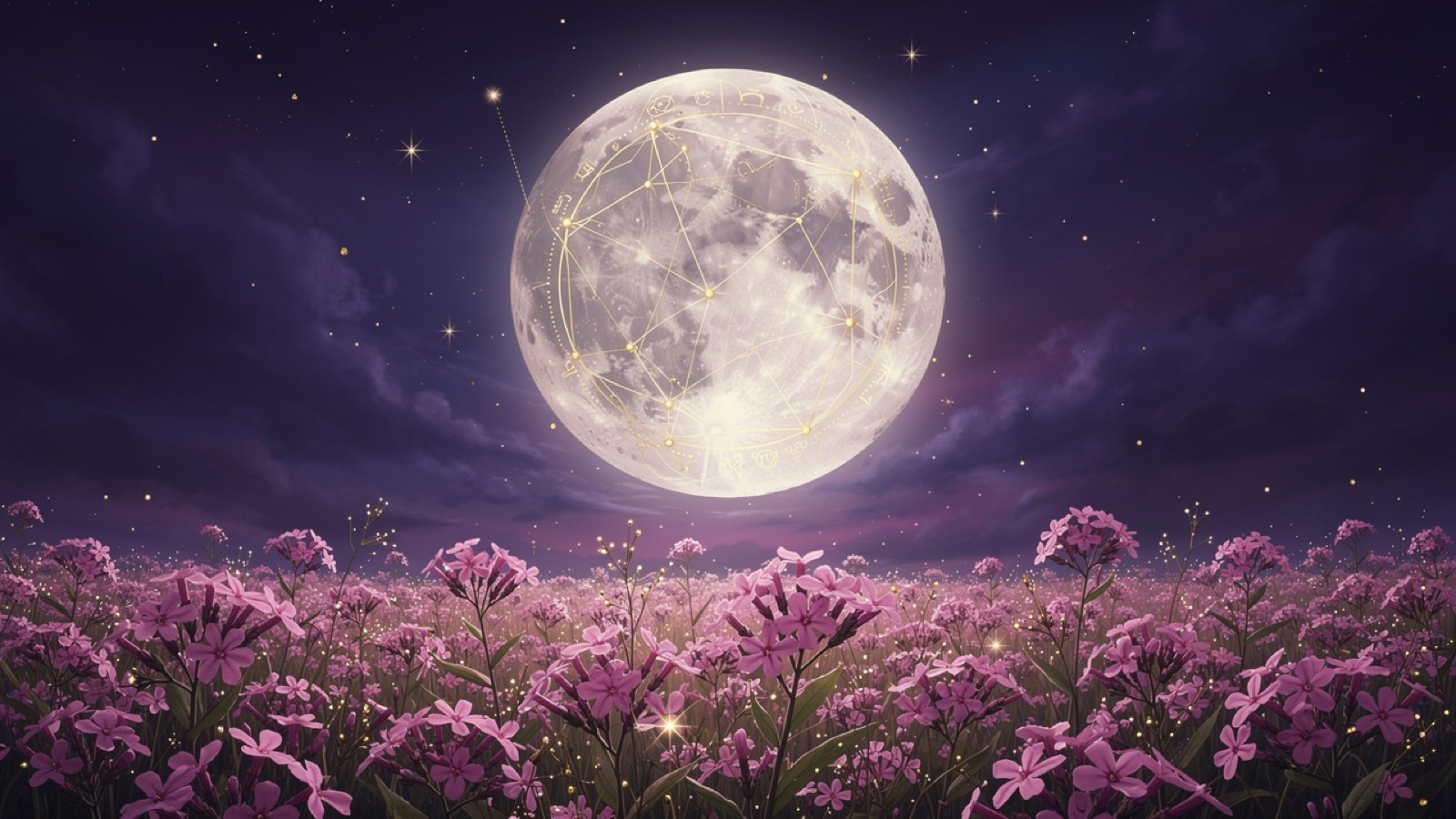 Une prairie de phlox roses sous une pleine lune dorée — la Lune Rose d'avril