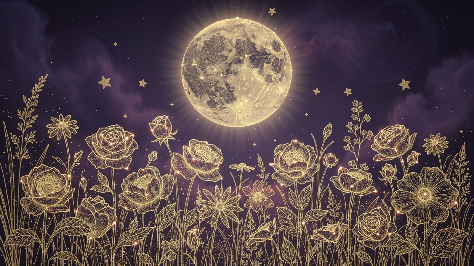 Un jardin en fleurs sous une pleine lune rayonnante — la Lune des Fleurs de mai