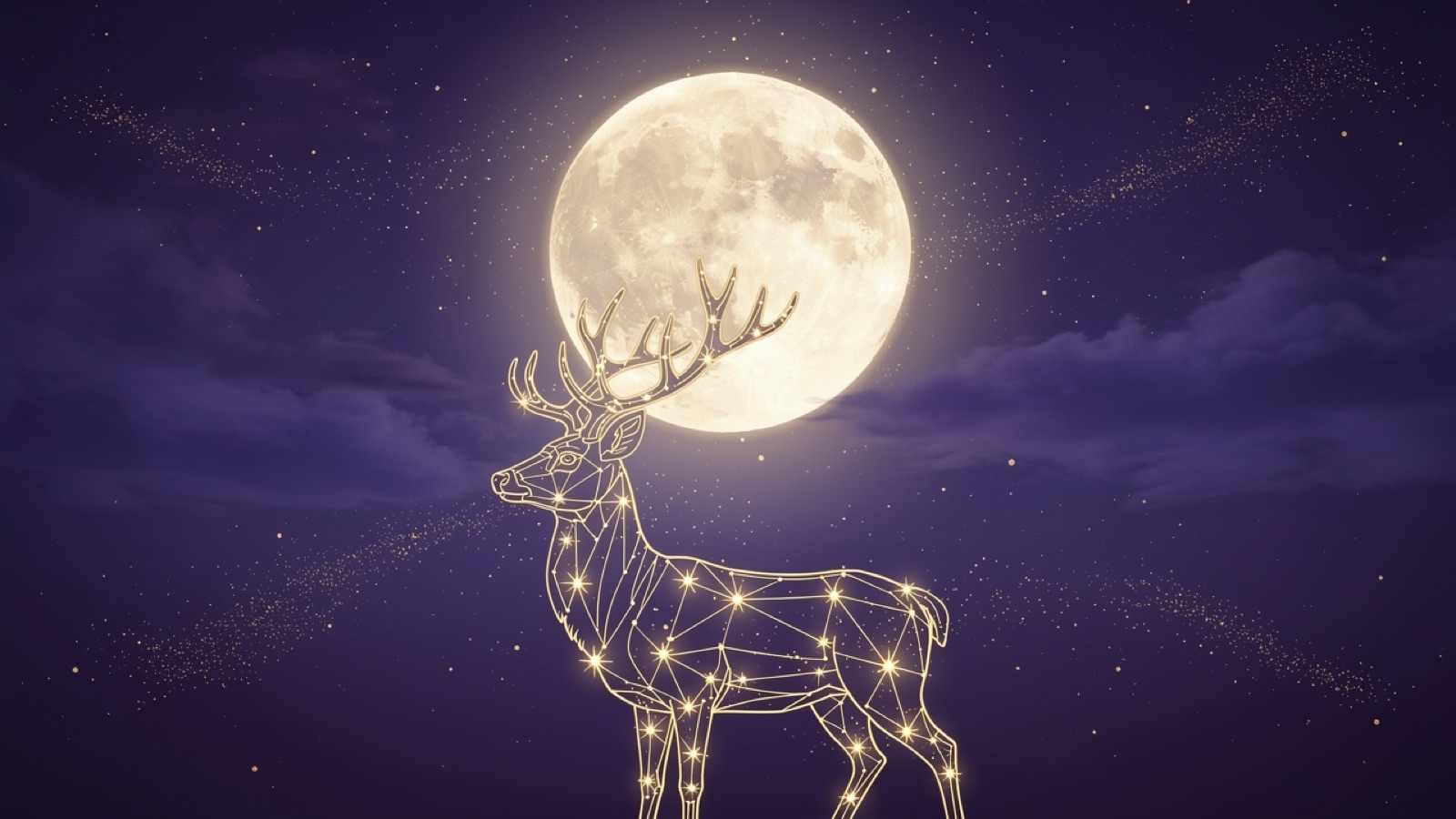 Un cerf aux bois neufs sous une immense pleine lune d'été — la Lune du Cerf de juillet