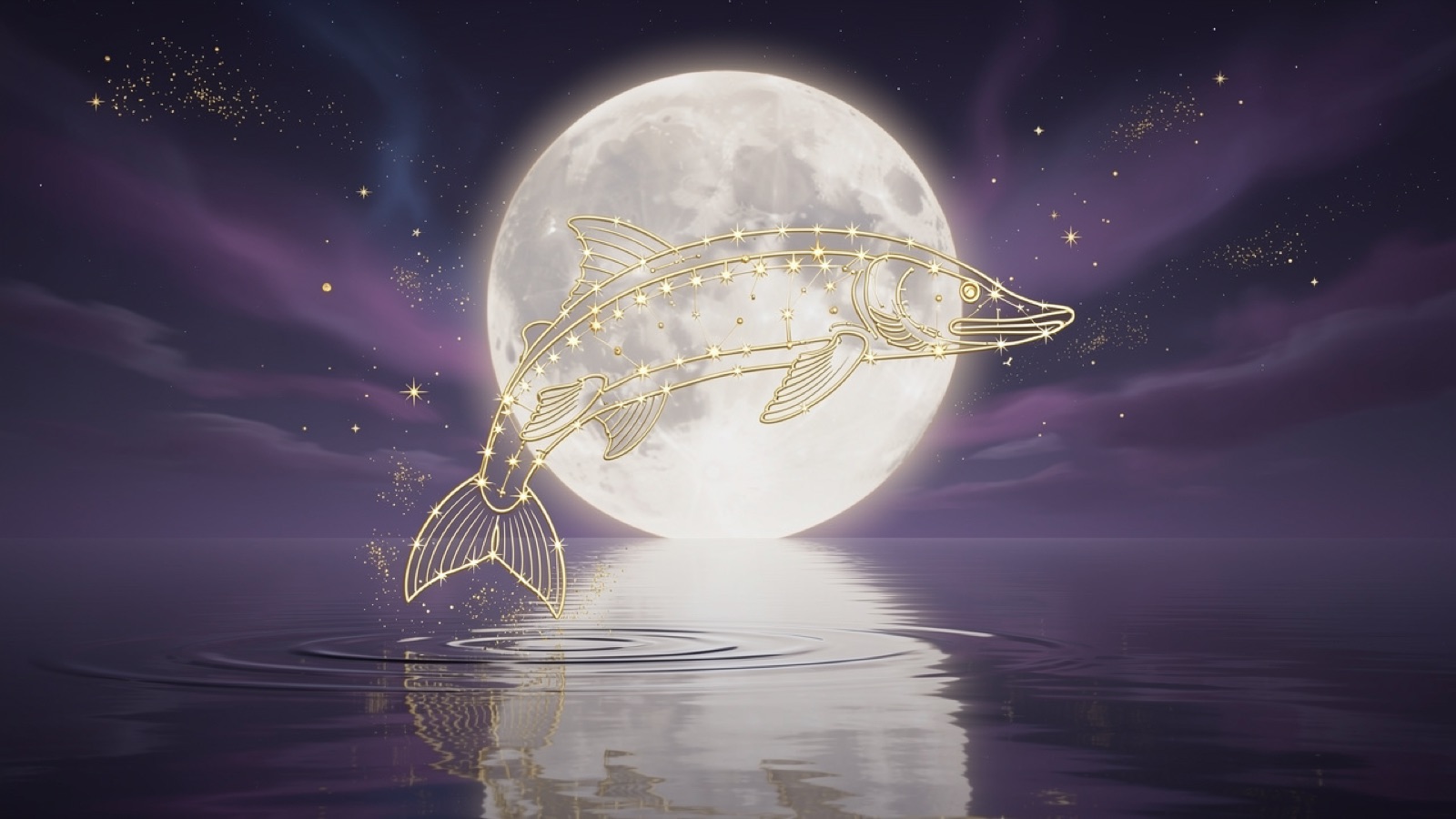 Un esturgeon bondissant d'un lac calme sous la pleine lune — la Lune de l'Esturgeon d'août