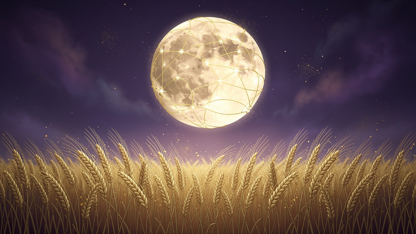 Golden wheat sheaves beneath an enormous harvest full moon — the September Harvest Moon