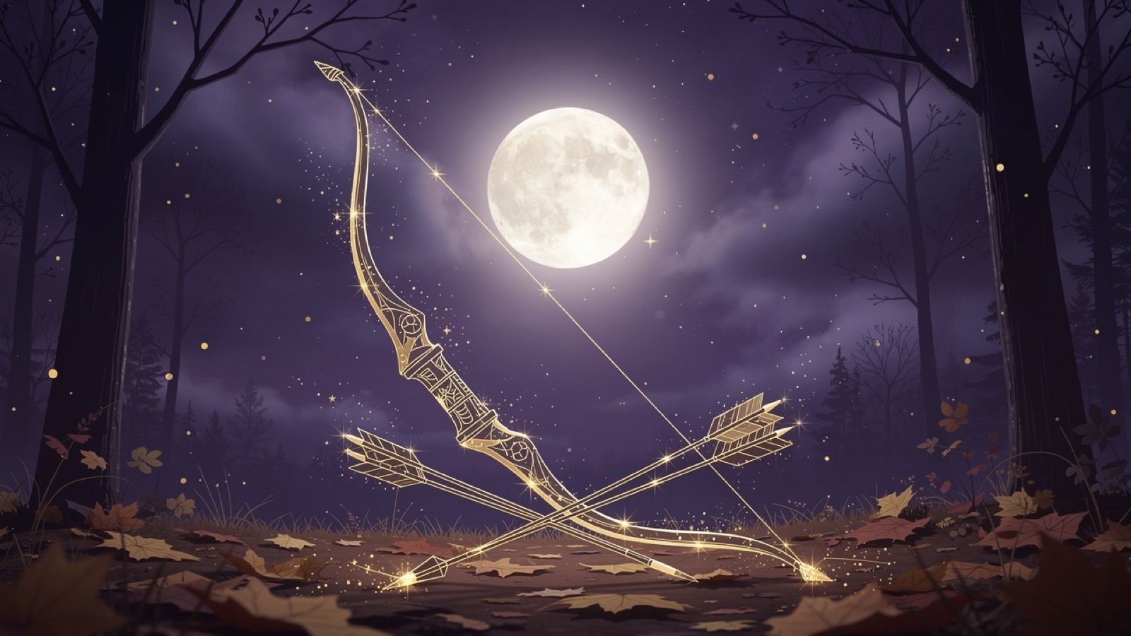 Un arc et des flèches près d'une forêt d'automne sous la pleine lune — la Lune du Chasseur d'octobre