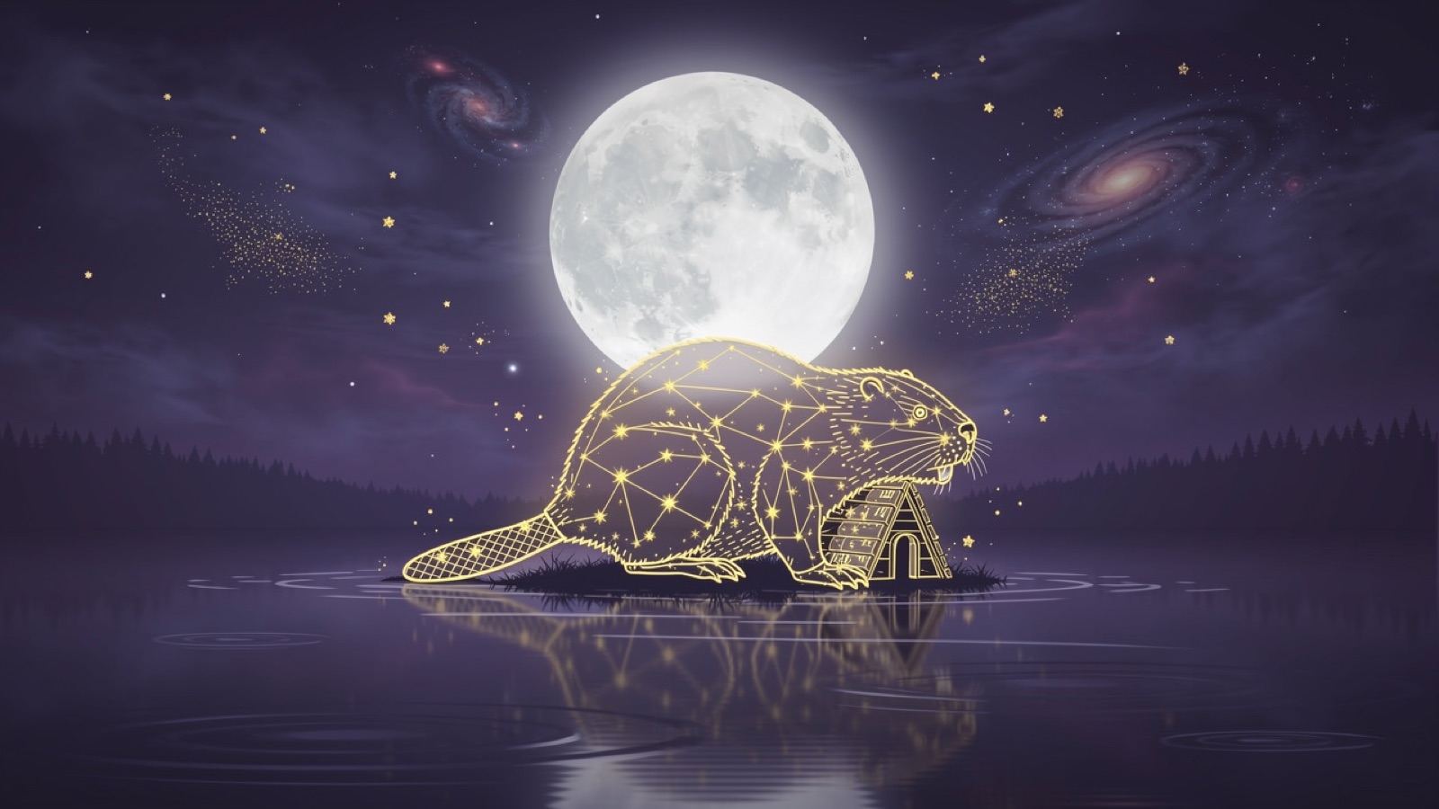 Un castor bâtissant sa hutte sous une froide pleine lune — la Lune du Castor de novembre