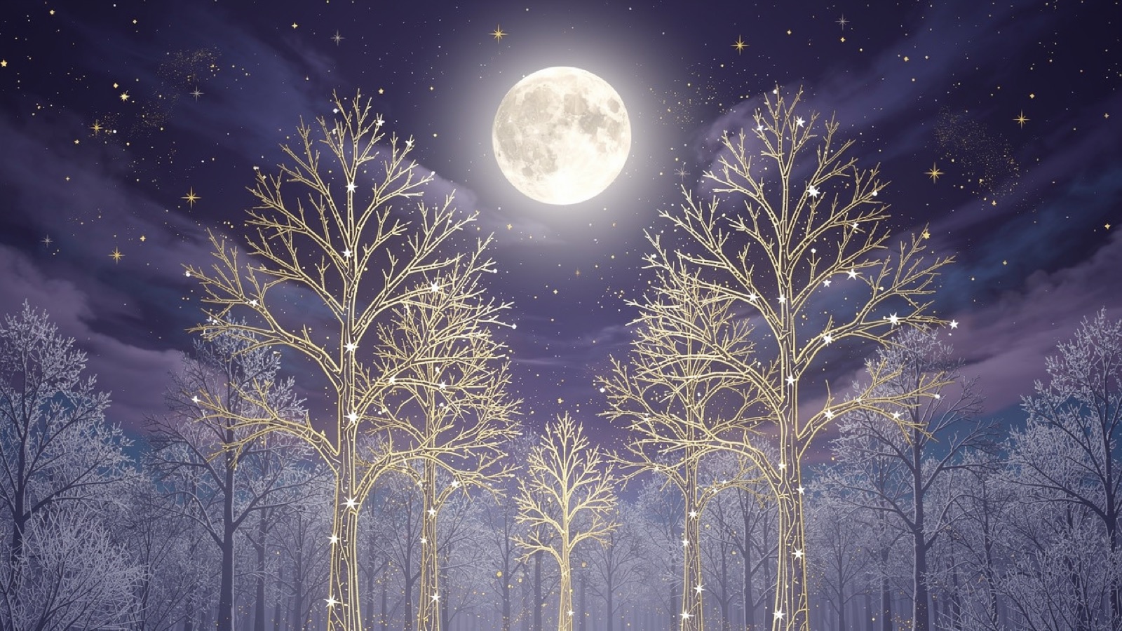A frosted winter forest under the year's highest full moon — the December Cold Moon