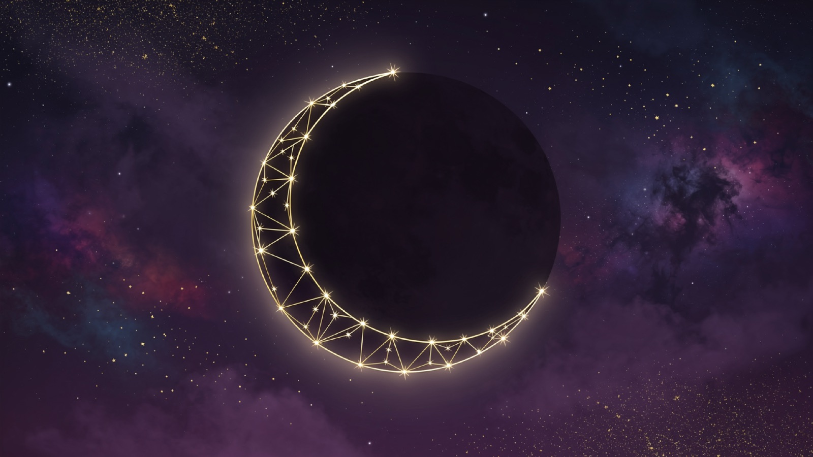 A new moon: the dark lunar disc with a razor-thin glowing golden crescent on a violet cosmic sky