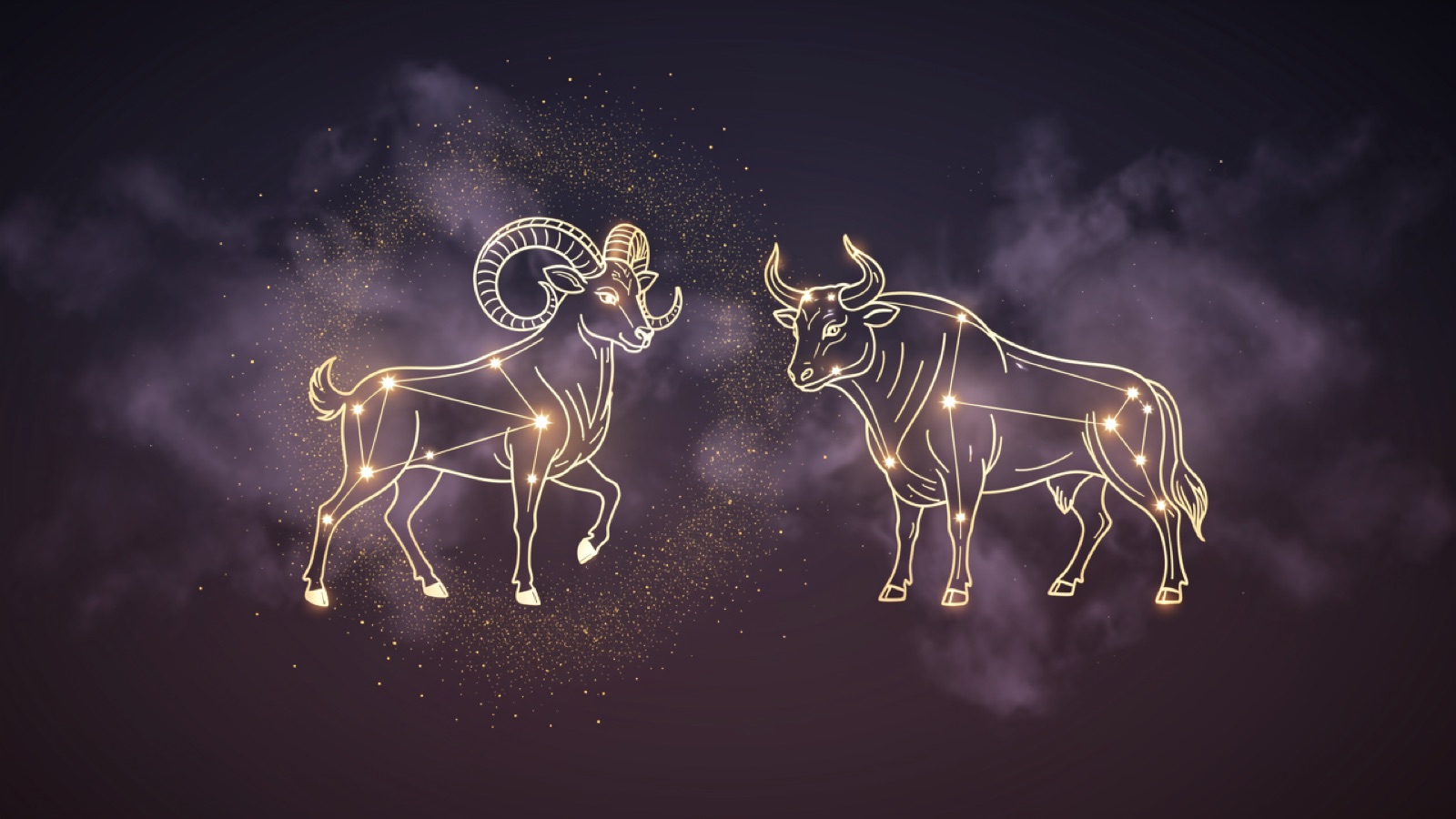 Las constelaciones de Aries y Tauro lado a lado en líneas doradas sobre un cielo violeta — los dos signos del mes