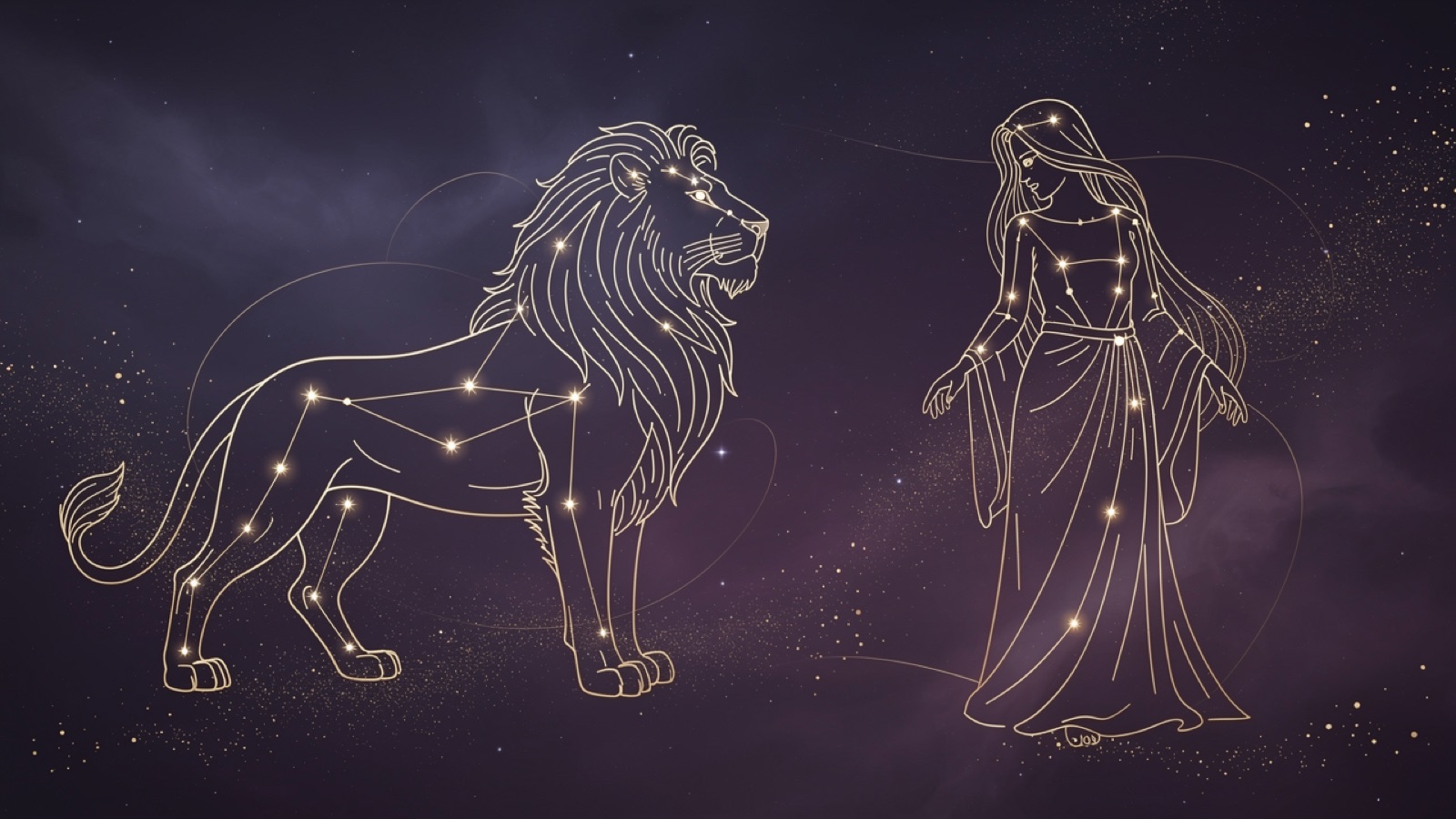 Les constellations Lion et Vierge côte à côte en lignes dorées sur un ciel violet — les deux signes du mois