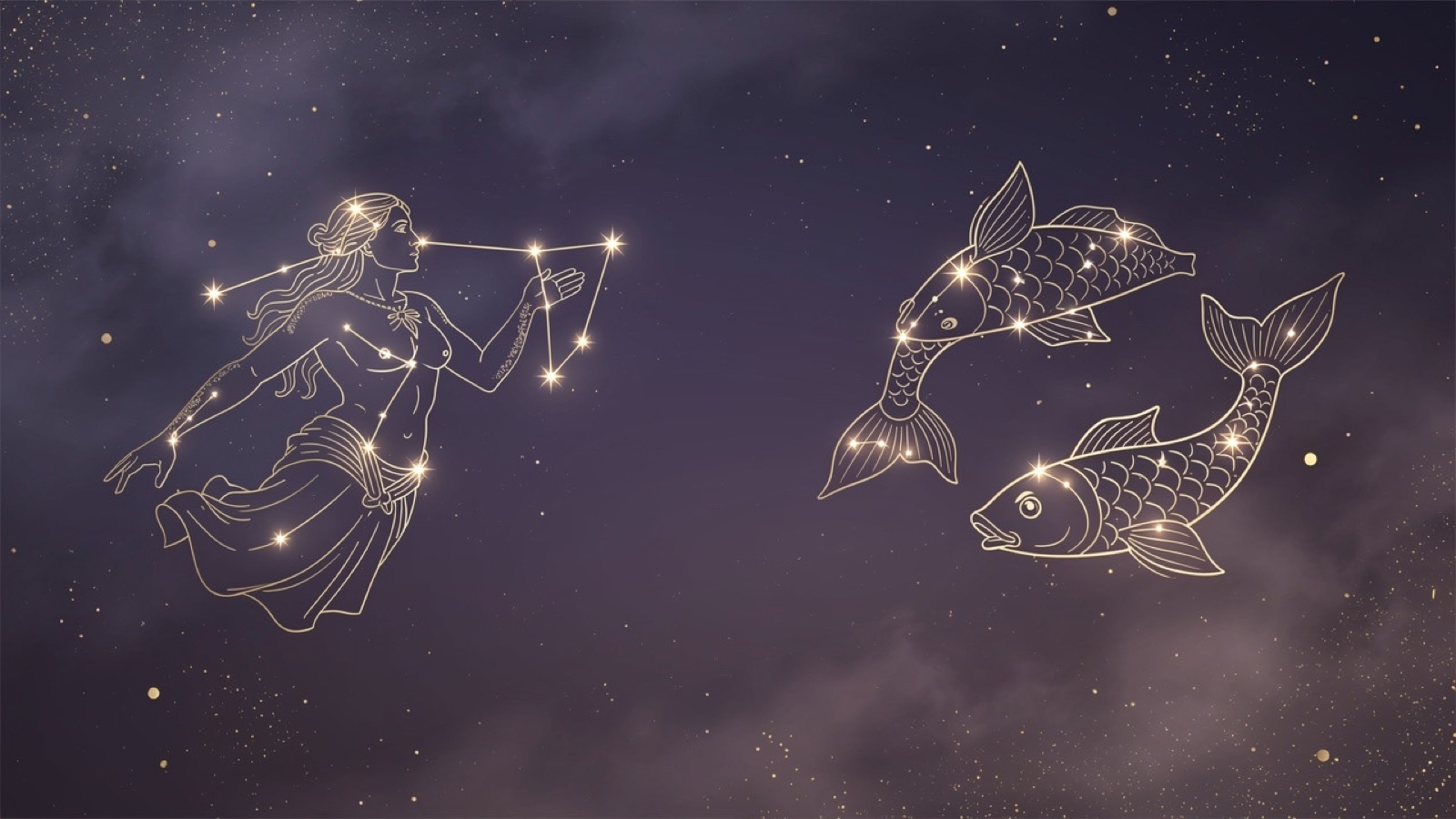 Las constelaciones de Acuario y Piscis lado a lado en líneas doradas sobre un cielo violeta — los dos signos del mes