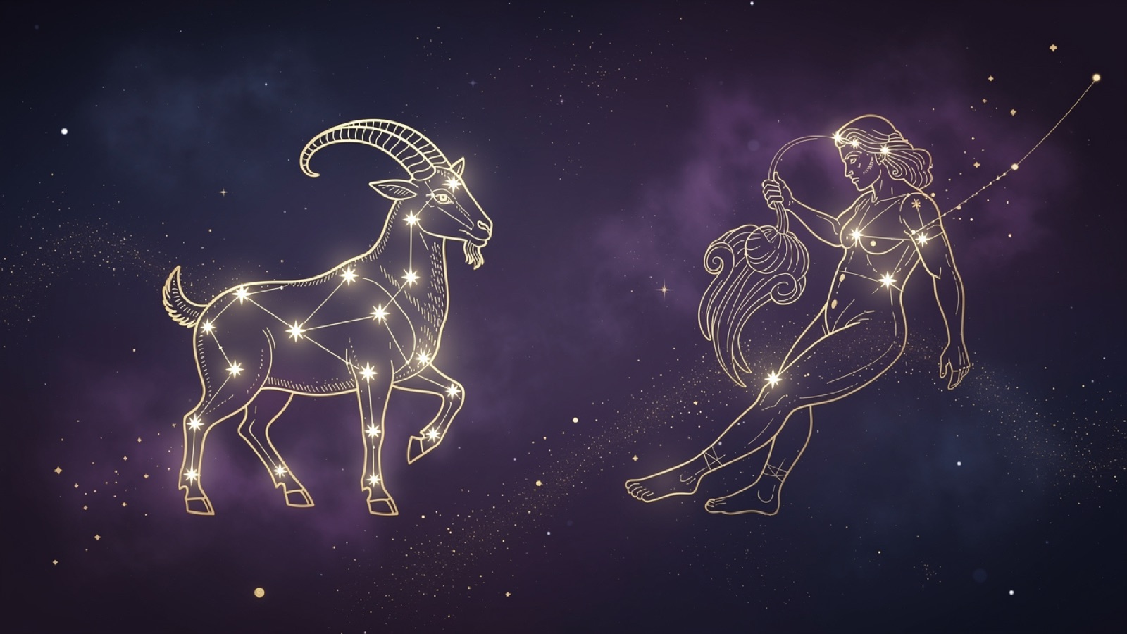 Las constelaciones de Capricornio y Acuario lado a lado en líneas doradas sobre un cielo violeta — los dos signos del mes