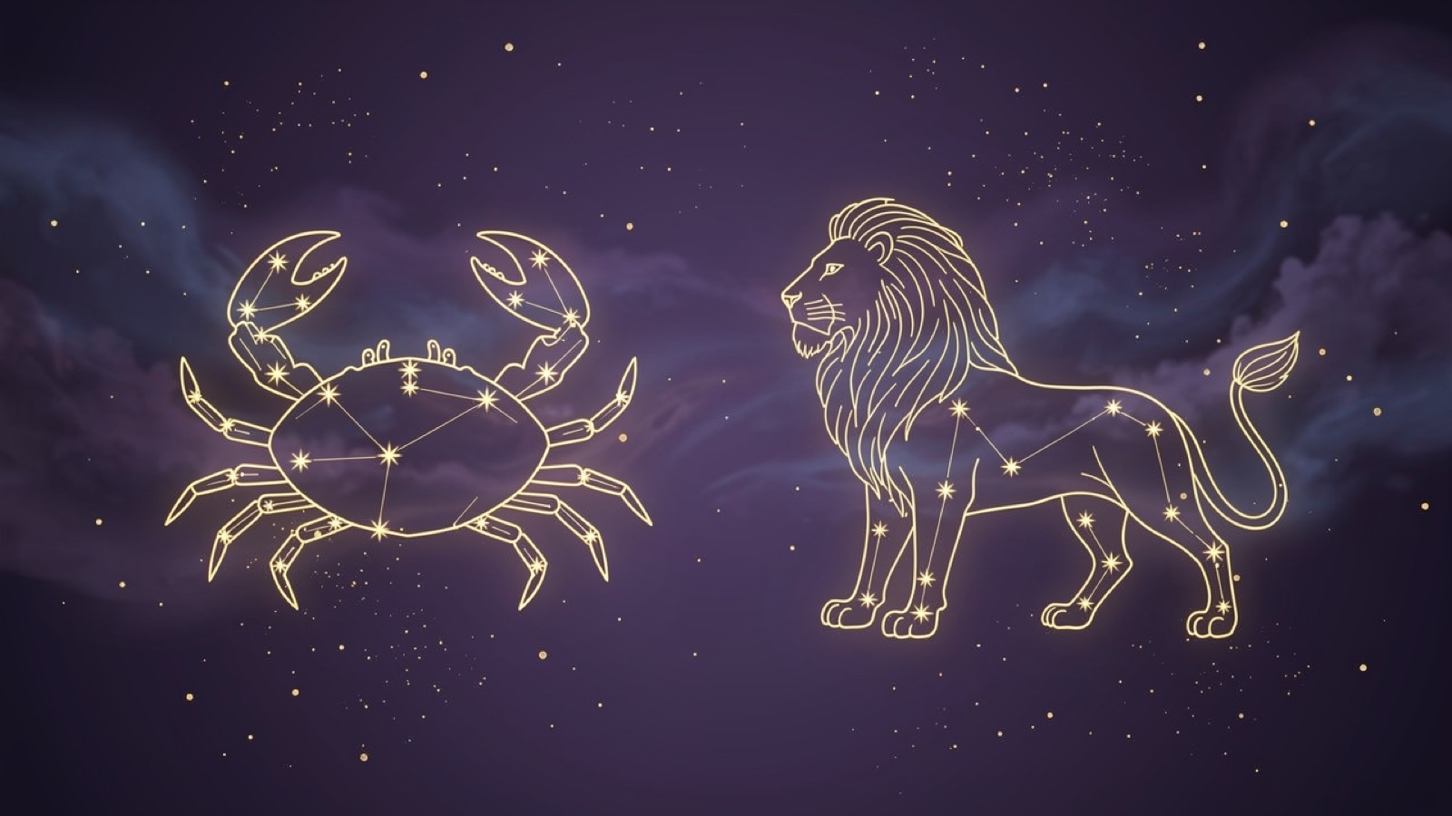 Les constellations Cancer et Lion côte à côte en lignes dorées sur un ciel violet — les deux signes du mois
