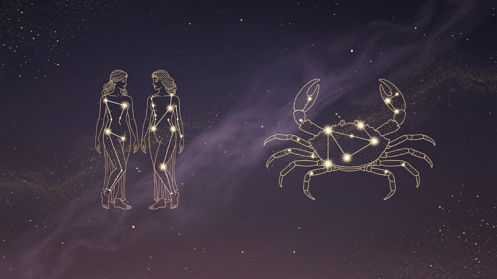 Les constellations Gémeaux et Cancer côte à côte en lignes dorées sur un ciel violet — les deux signes du mois