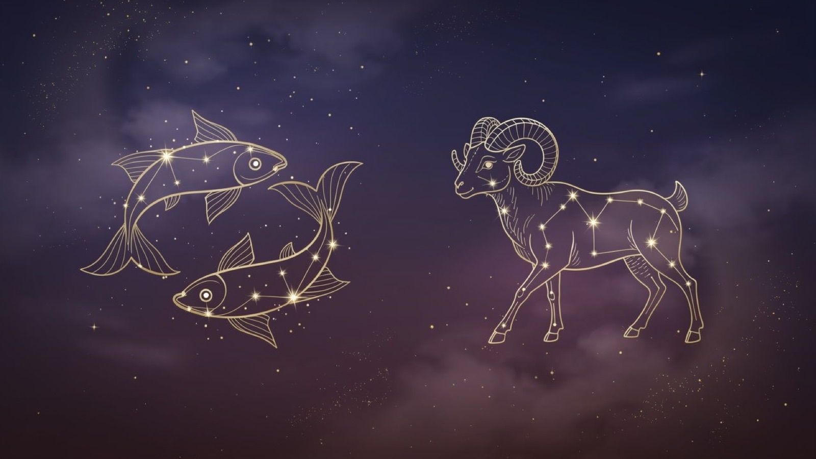 Las constelaciones de Piscis y Aries lado a lado en líneas doradas sobre un cielo violeta — los dos signos del mes
