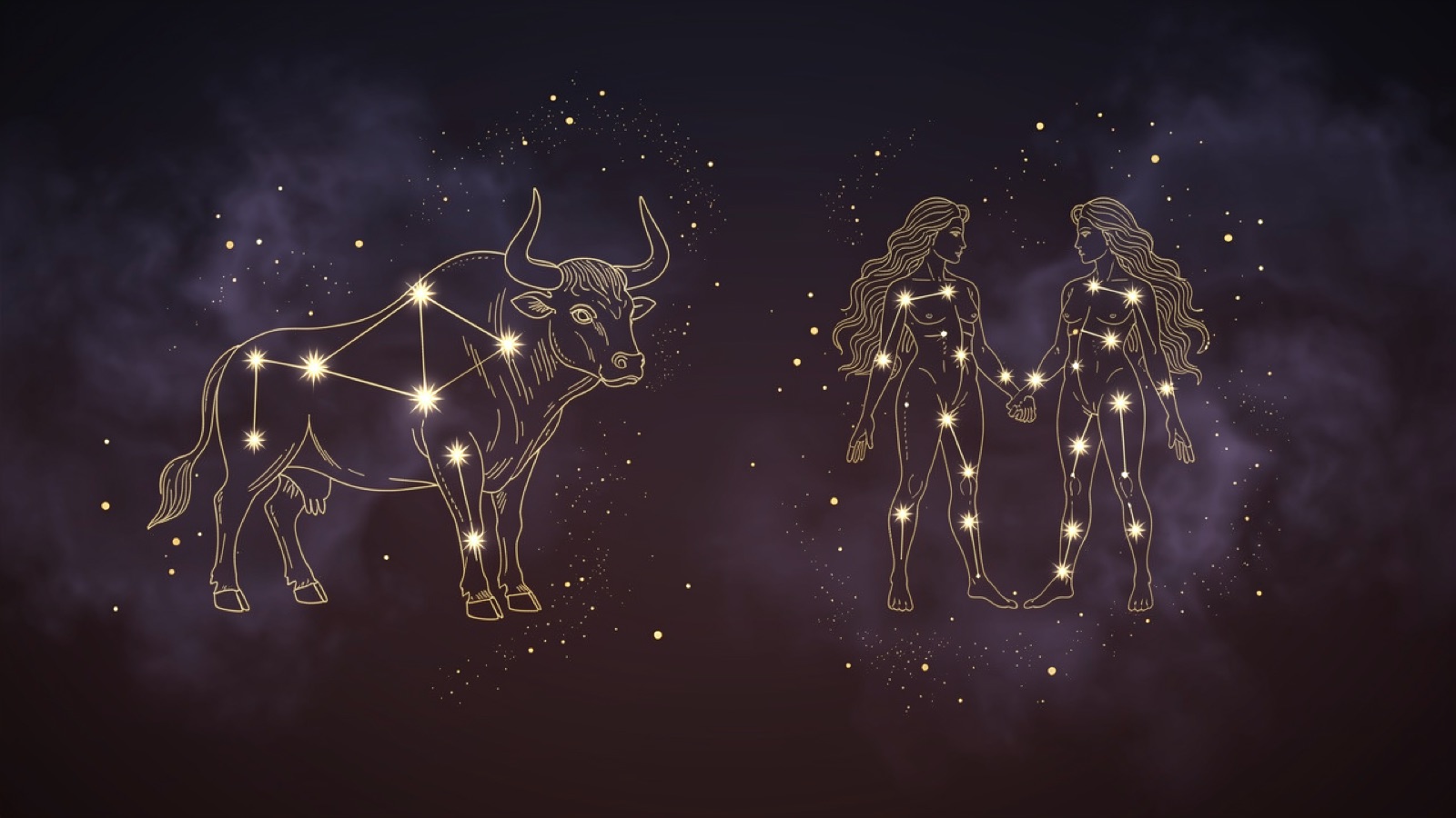 Les constellations Taureau et Gémeaux côte à côte en lignes dorées sur un ciel violet — les deux signes du mois