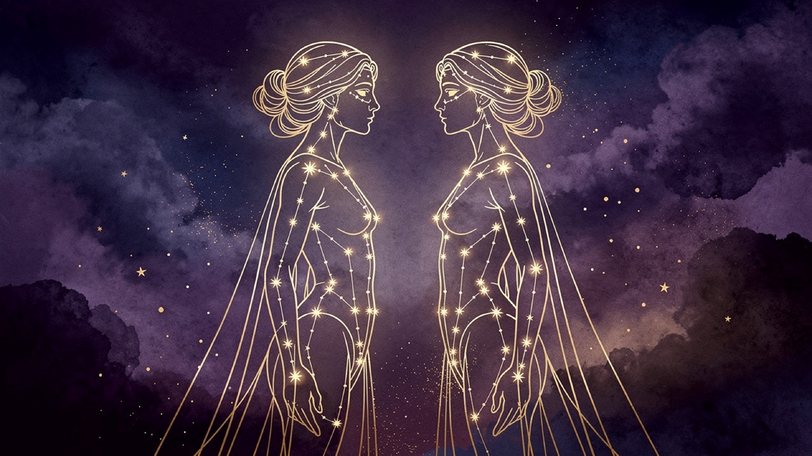 Gémeaux et Gémeaux — illustration du duo : constellation dorée des deux signes sur ciel violet