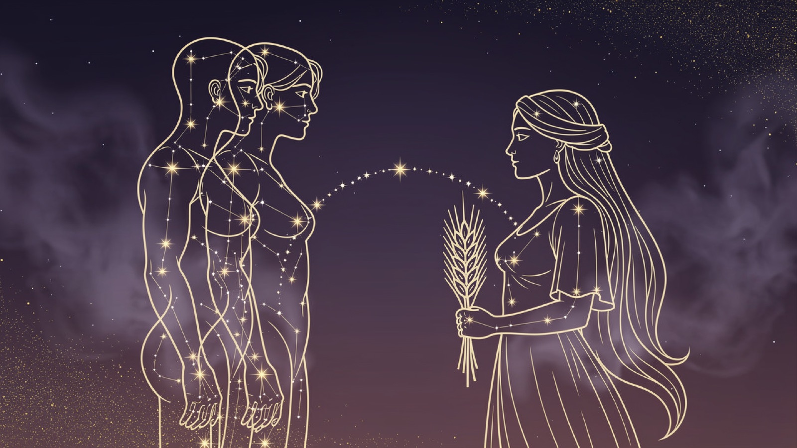 Gémeaux et Vierge — illustration du duo : constellation dorée des deux signes sur ciel violet