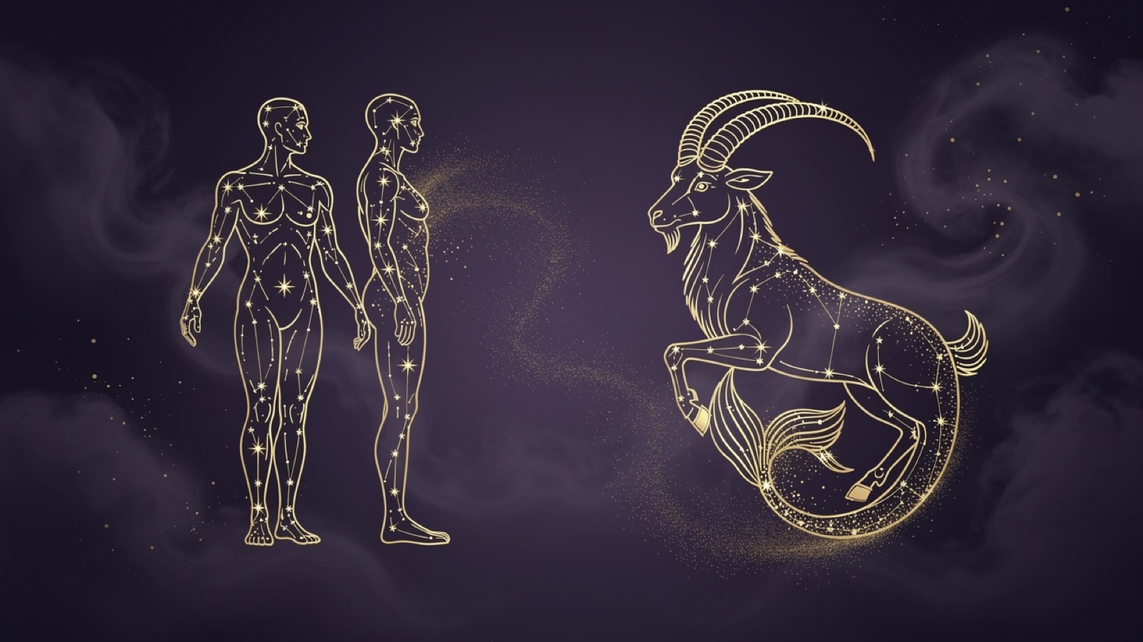 Gémeaux et Capricorne — illustration du duo : constellation dorée des deux signes sur ciel violet