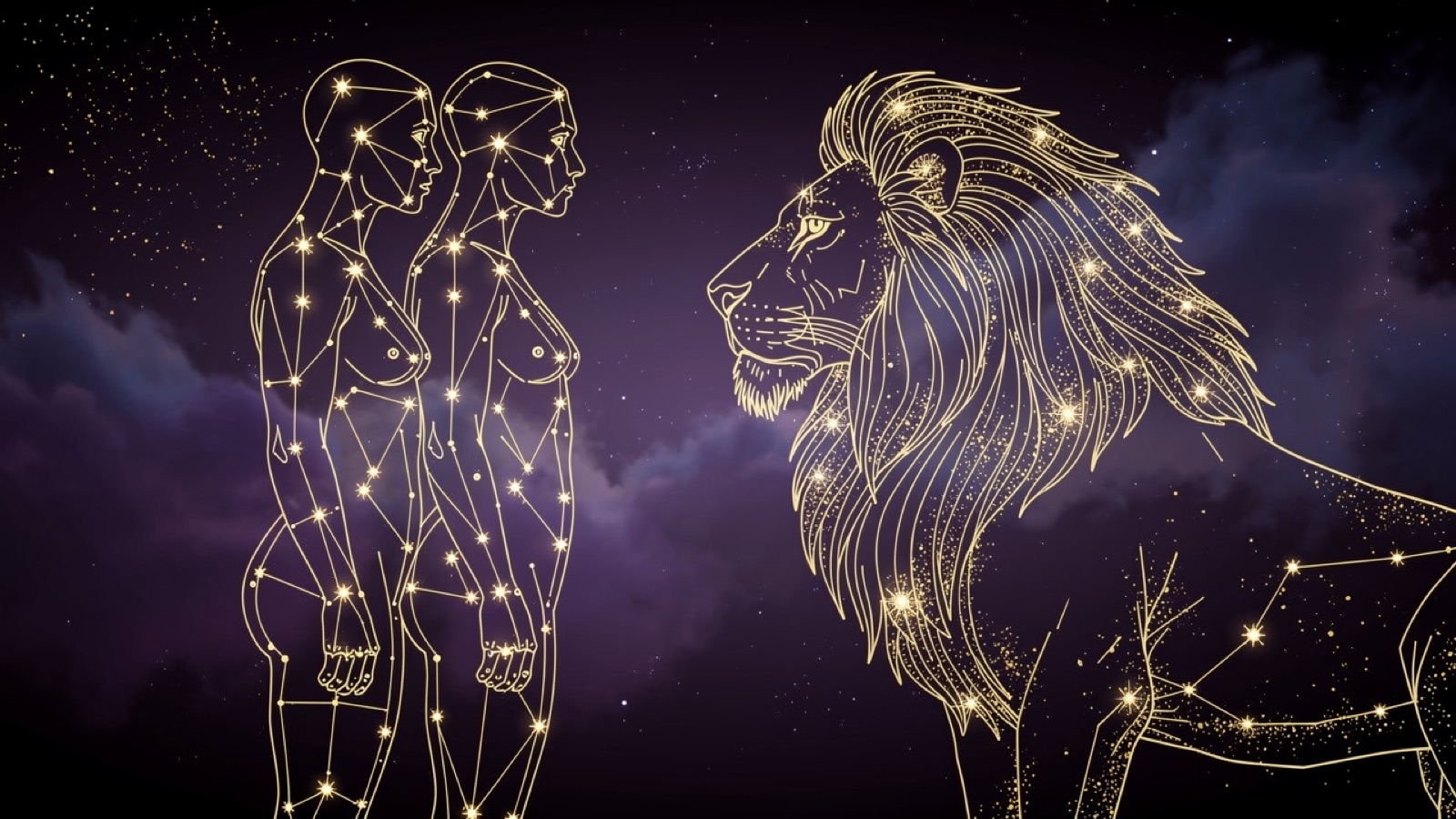 Gémeaux et Lion — illustration du duo : constellation dorée des deux signes sur ciel violet