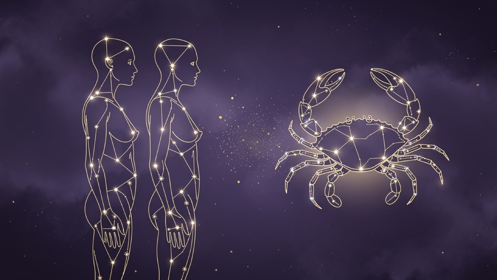 Gémeaux et Cancer — illustration du duo : constellation dorée des deux signes sur ciel violet