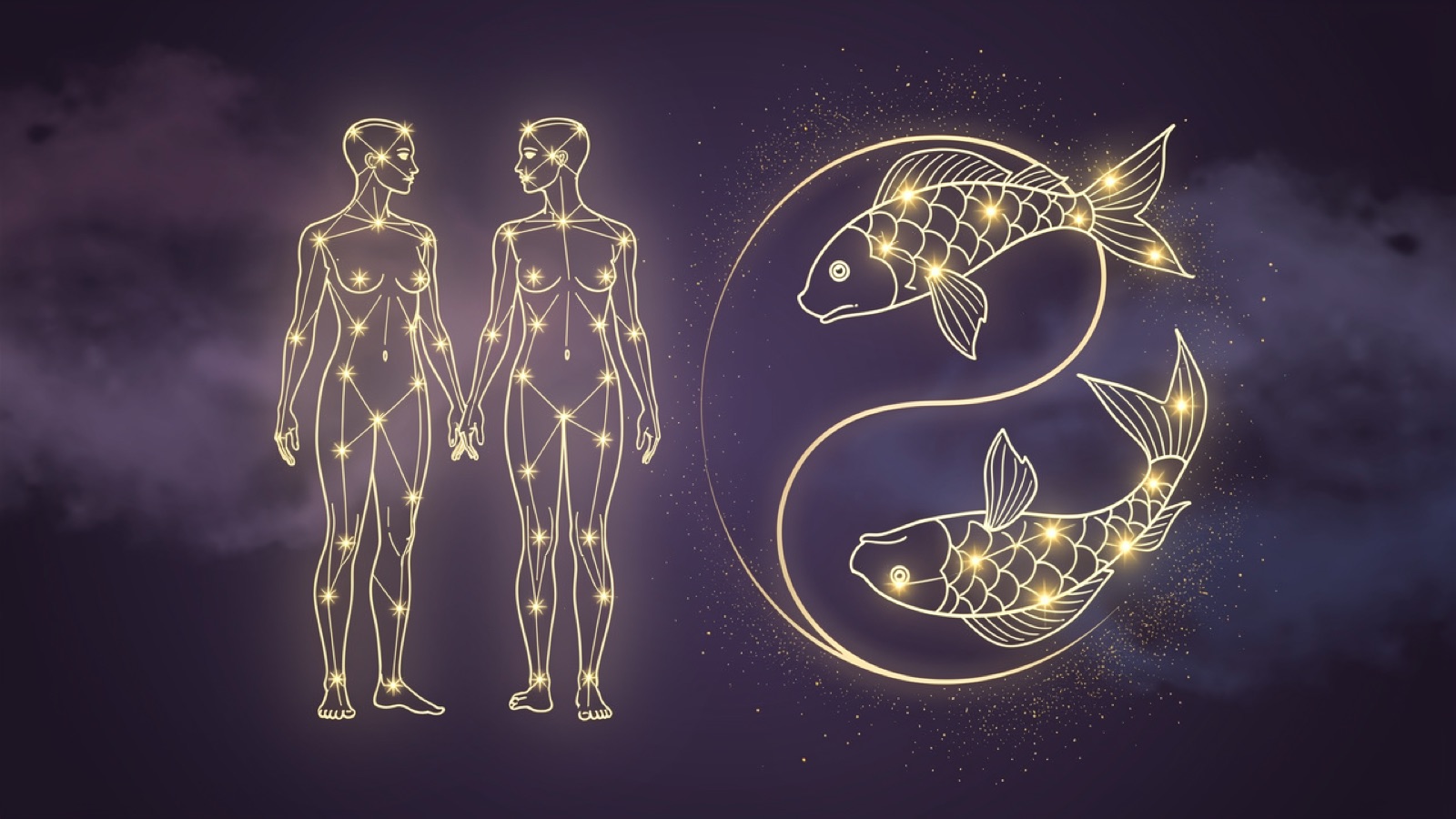 Gémeaux et Poissons — illustration du duo : constellation dorée des deux signes sur ciel violet